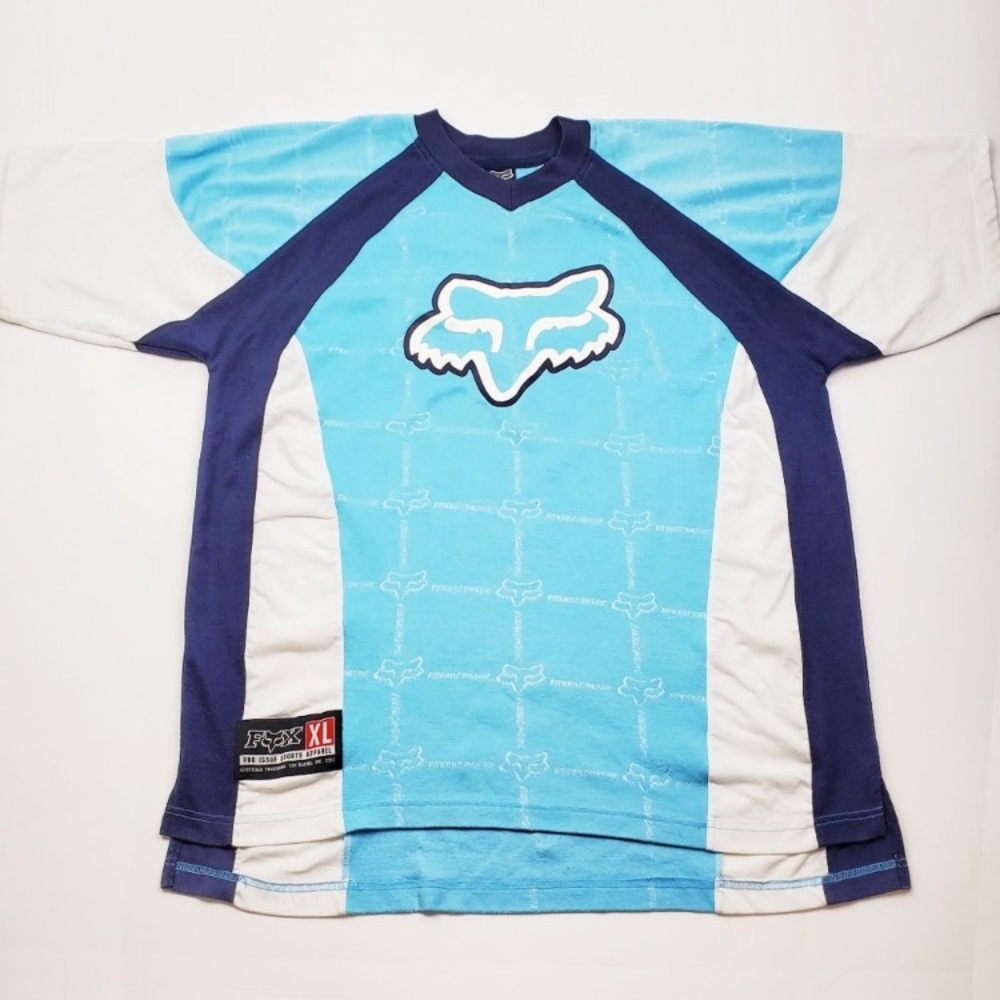 FOX Racing Pro Issue Sports Apparel T-Shirt Short Sleeve Top Blue White Logo XL